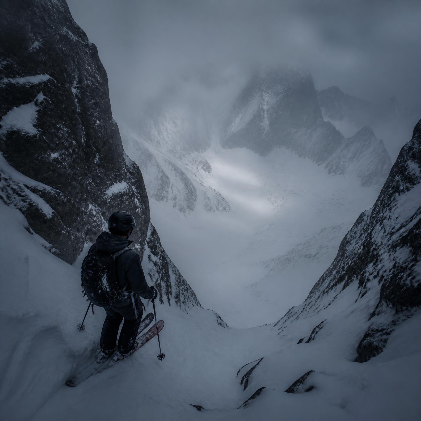 Skieur freeride à l'entrée d'un couloir exposé, avant la décision