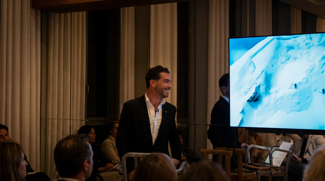 Julien Lopez en conférence devant une image de face enneigée
